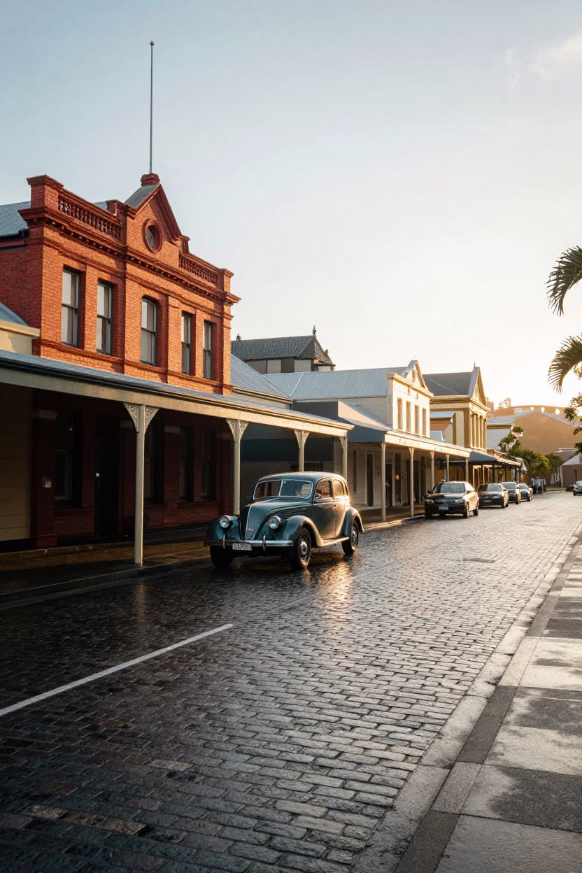 Sunrise Street Scene in Hobart Tasmania with Vintage Cars and Local Shops in in Hobart, Tasmania, Australia