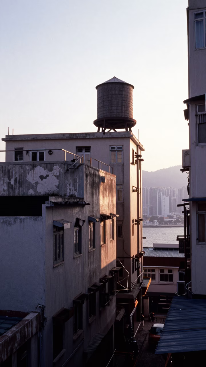 Sunrise Street Scene in Hong Kong with Rooftop Water Tower and Urban Details in in Hong Kong, Hong Kong