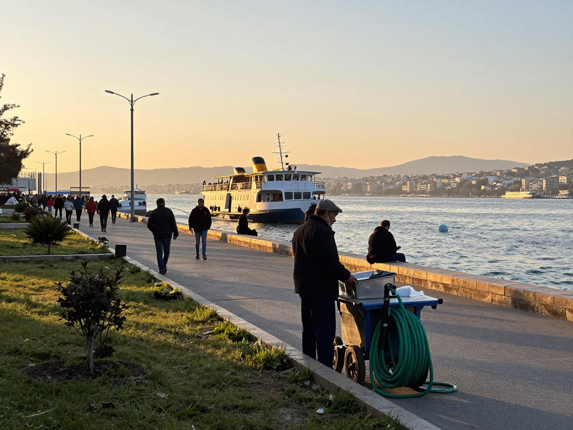 Sunrise Street Scene in Izmir Turkey with Chain Ferry and Garden Hose in in Izmir, Turkey
