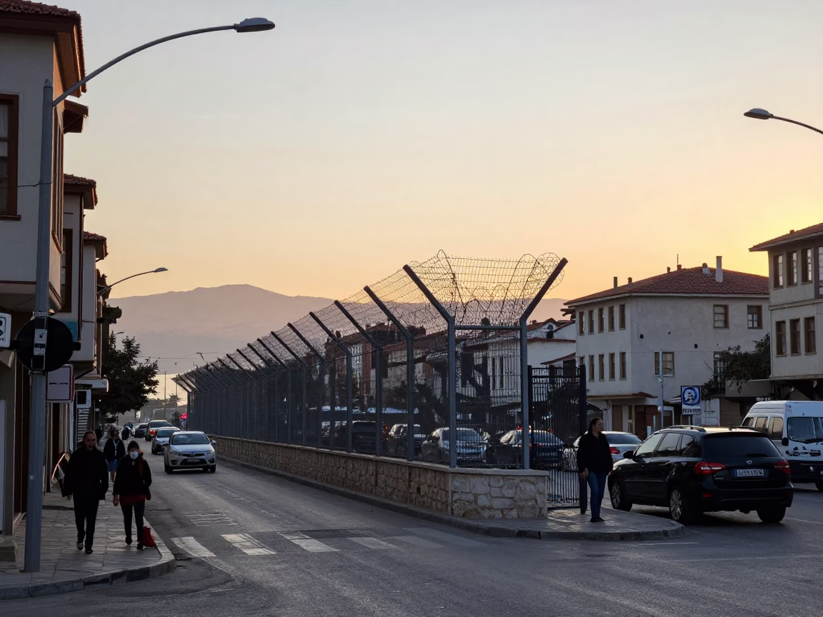 Sunrise Street Scene in Izmir Turkey with Substation Fence and Morning Light in in Izmir, Turkey