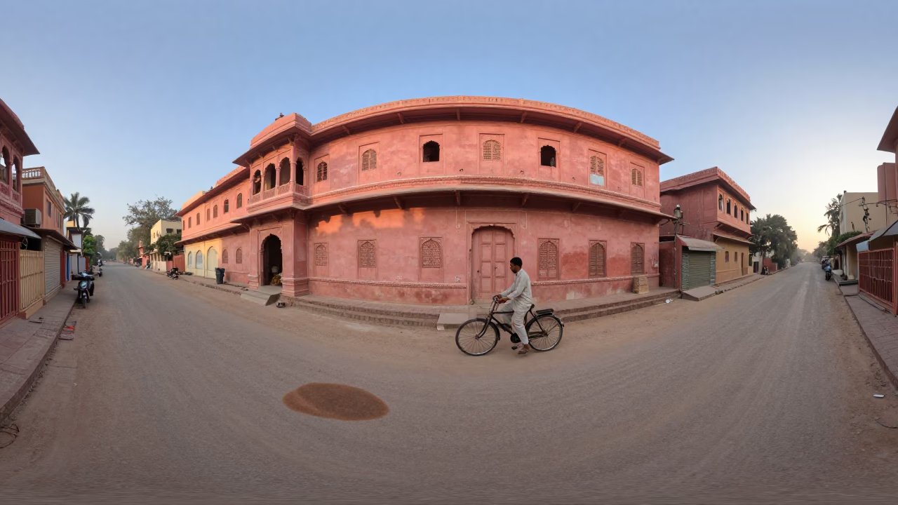 Sunrise Street Scene in Jaipur India with Tea Stains and Bicycle Basket in in Jaipur, India