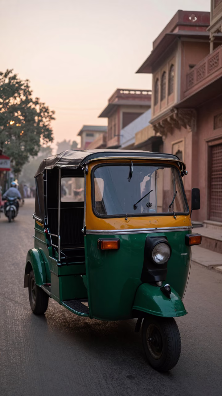 Sunrise Street Scene in Jaipur India with Vintage Auto Rickshaw and Glossy Enamel Surfaces in in Jaipur, India