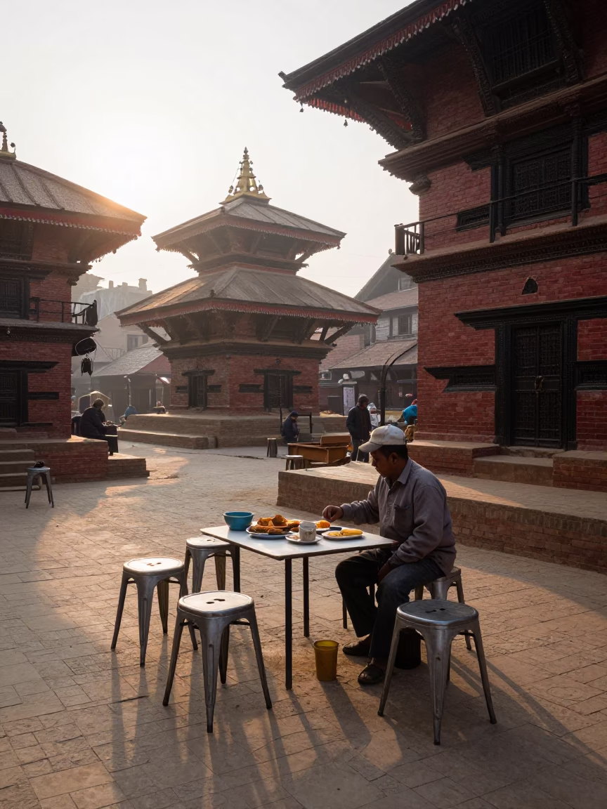 Sunrise Street Scene in Kathmandu Nepal with Metal Stools and Local Food in in Kathmandu, Nepal