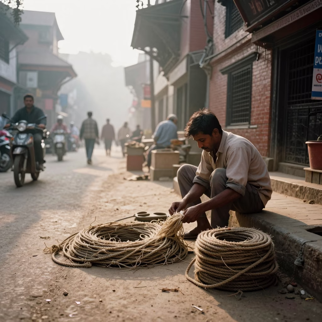 Sunrise street scene in Kathmandu with frayed rope and local vendor in in Kathmandu, Nepal