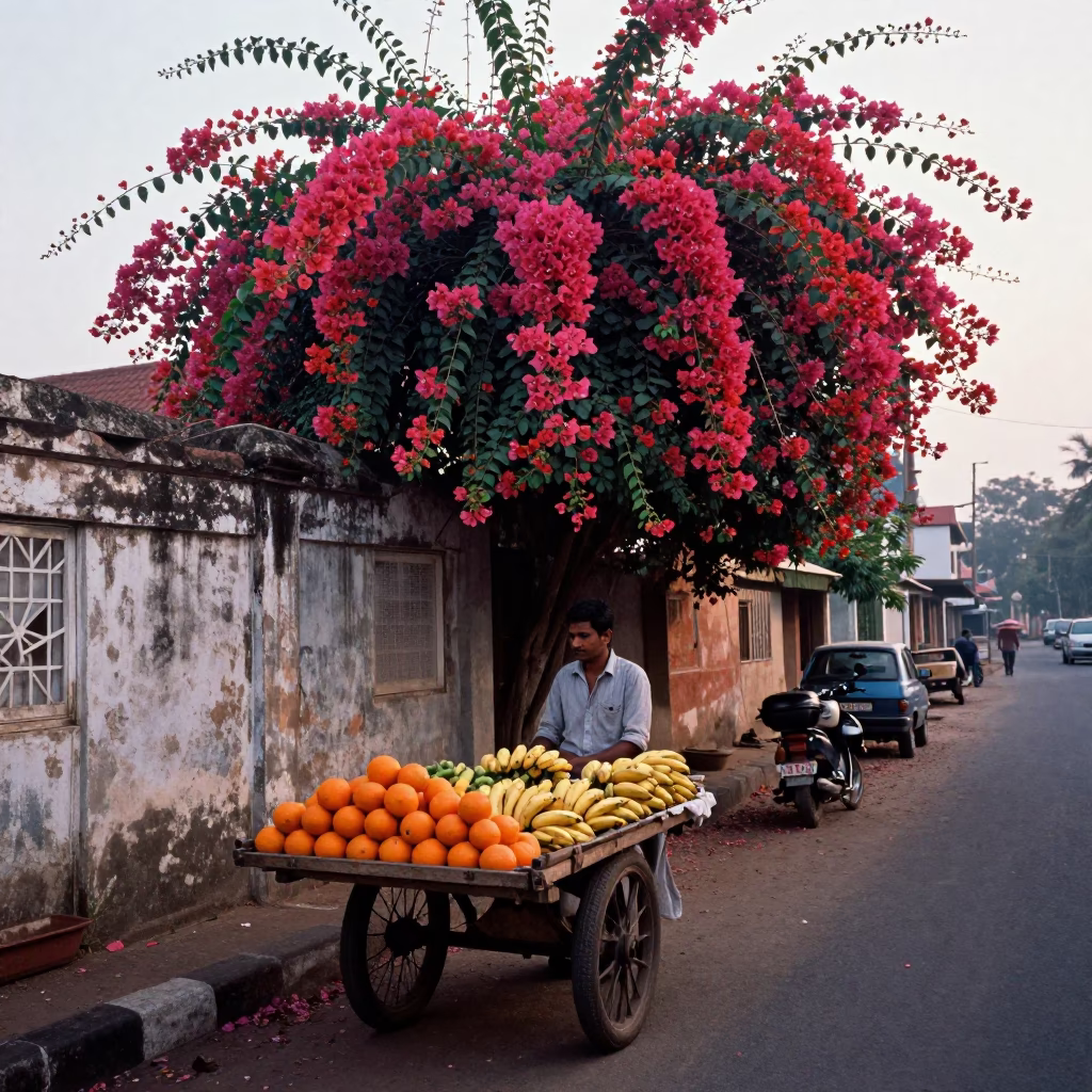 Sunrise Street Scene in Kochi India with Bougainvillea and Fruit Vendor in in Kochi, India