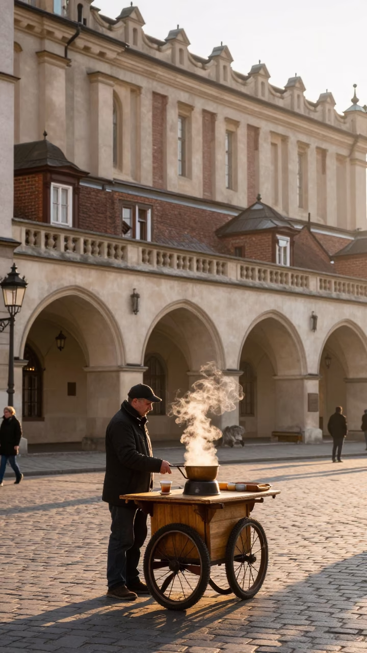 Sunrise Street Scene in Krakow Poland with Steaming Genmaicha Tea in in Krakow, Poland