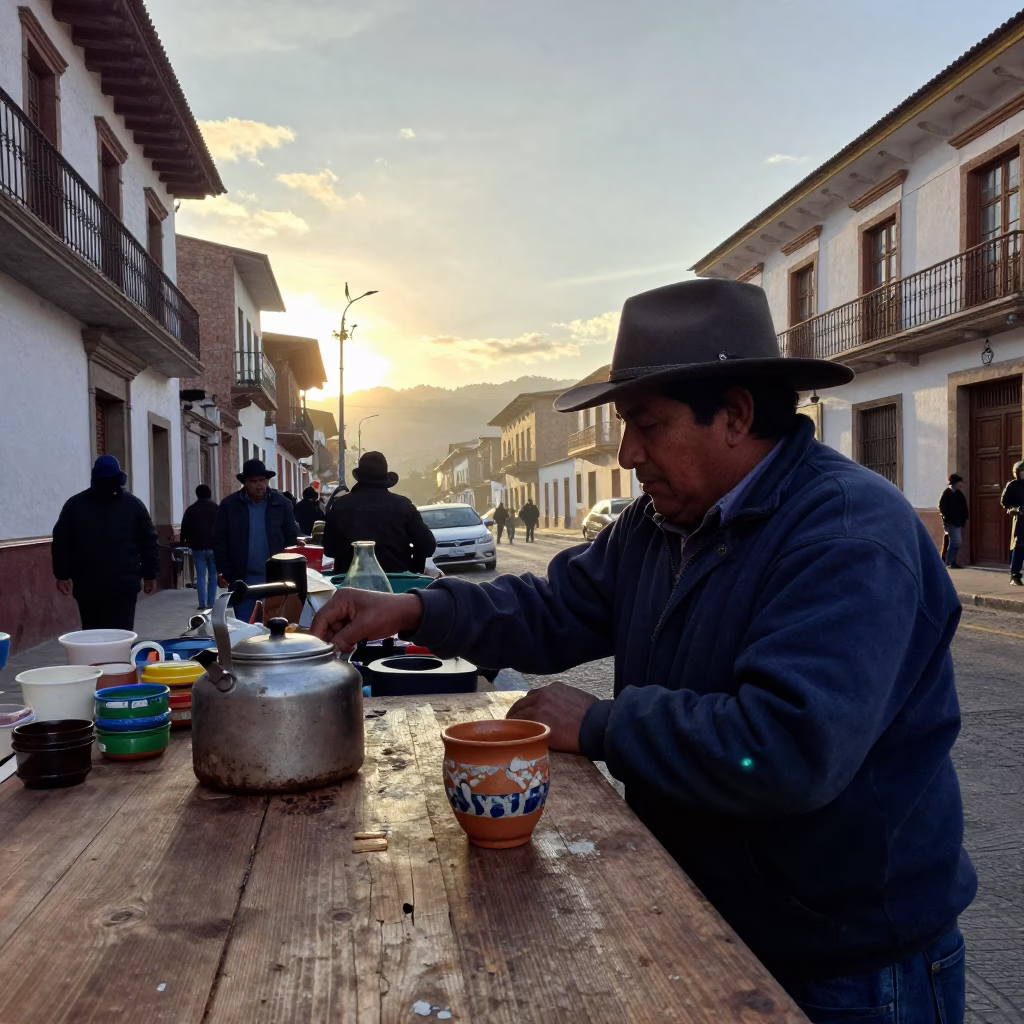 Sunrise Street Scene in La Paz Bolivia With Local Market Vendor And Tea Stains in in La Paz, Bolivia