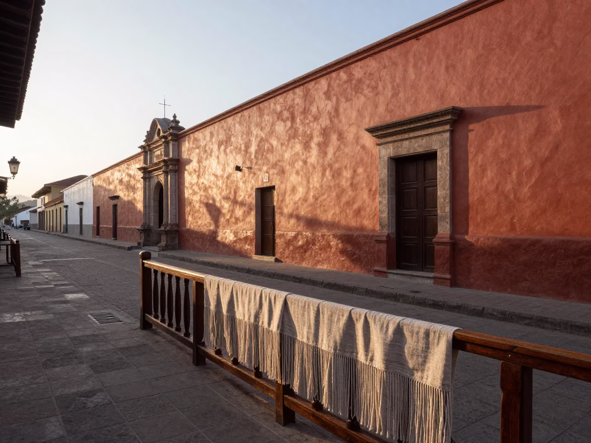 Sunrise Street Scene in Lima Peru with Linen Fringe and Terracotta Bowls in in Lima, Peru