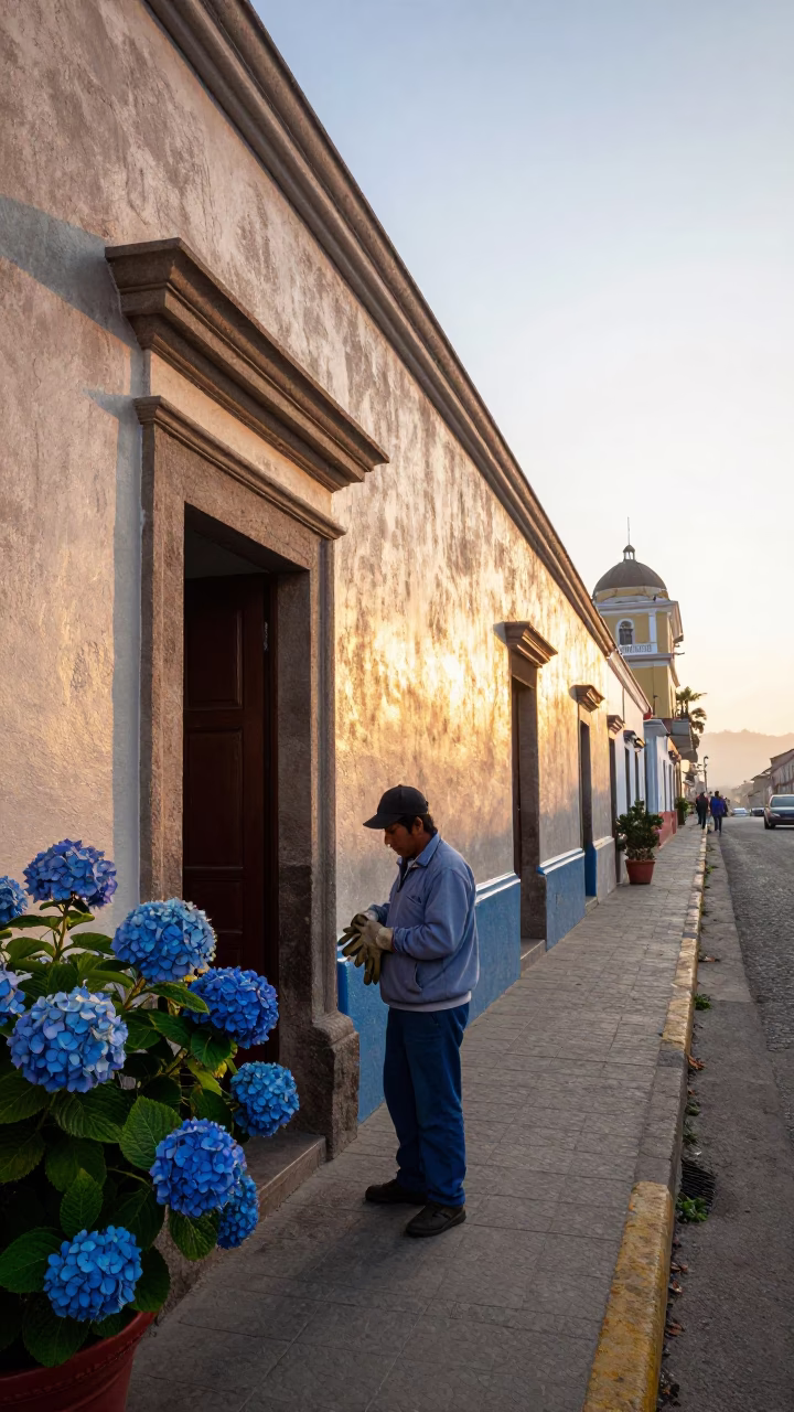 Sunrise Street Scene in Lima Peru with Worker and Hydrangeas in in Lima, Peru