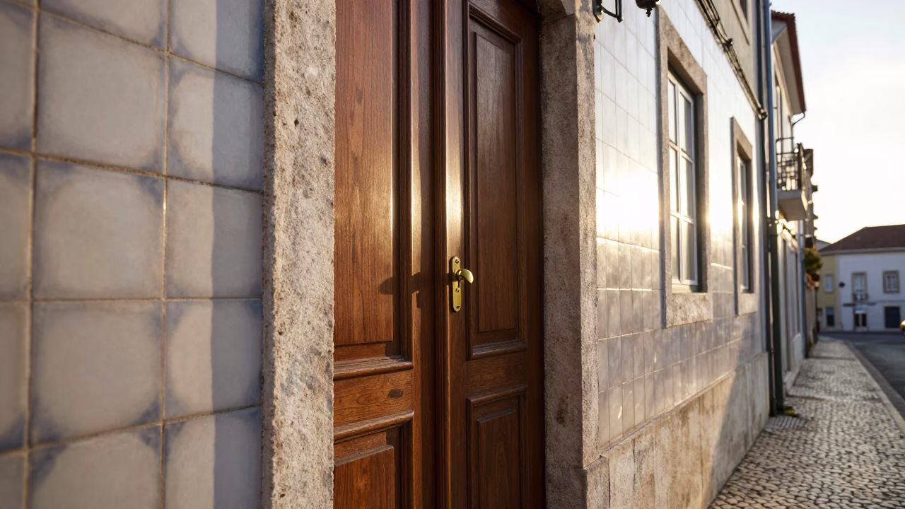 Sunrise Street Scene in Lisbon Portugal with Deadbolt Lock and Classic Bus in in Lisbon, Portugal