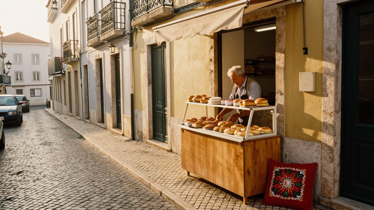 Sunrise Street Scene in Lisbon Portugal with Embroidered Cushion and Local Bakery in in Lisbon, Portugal