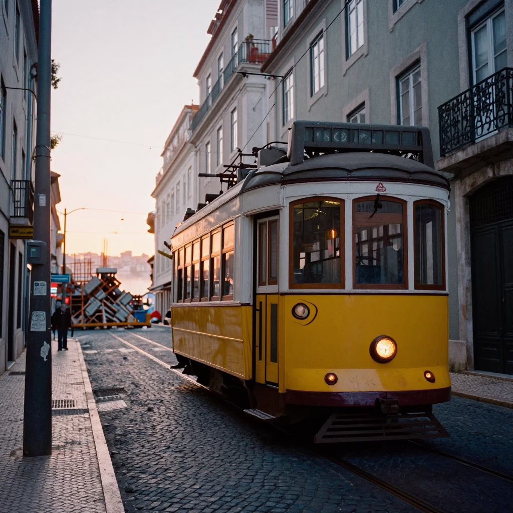 Sunrise Street Scene in Lisbon Portugal with Tram and Construction Pile Driver in in Lisbon, Portugal