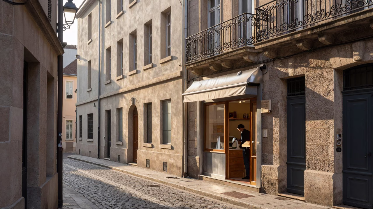 Sunrise Street Scene in Lyon France with Brushed Steel and Kitchen Details in in Lyon, France