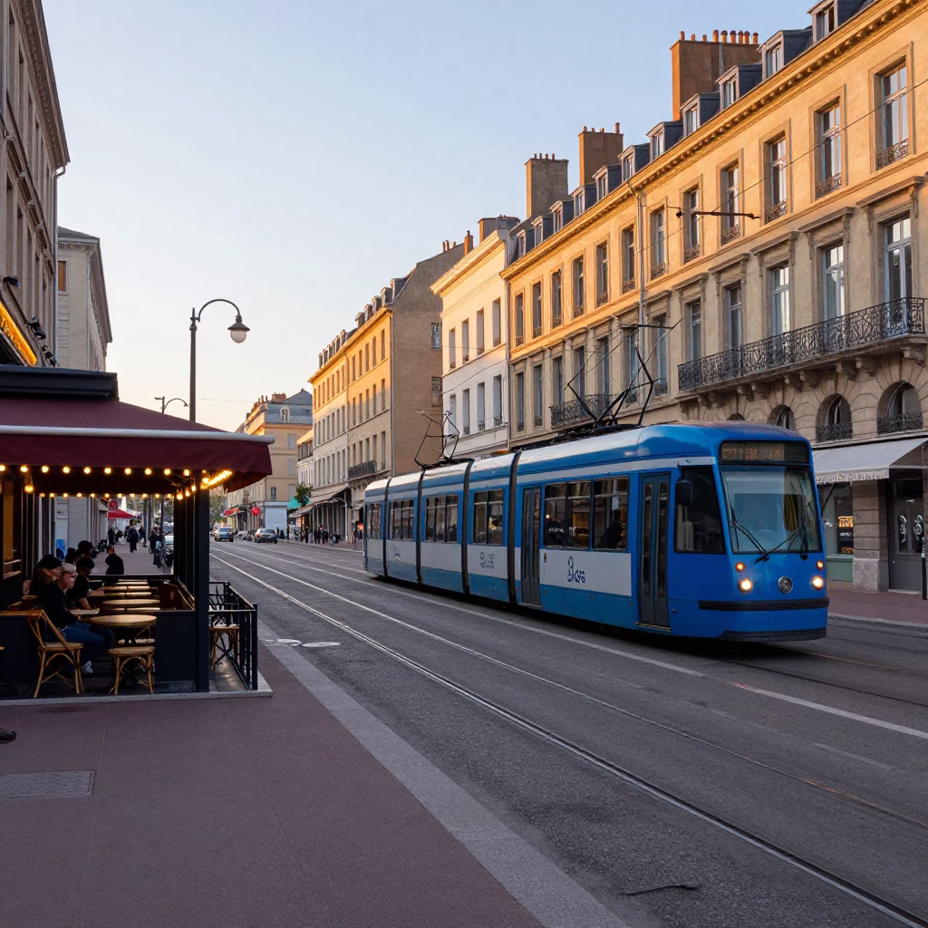 Sunrise Street Scene in Lyon France with Traditional Café and Tram Reflection in in Lyon, France