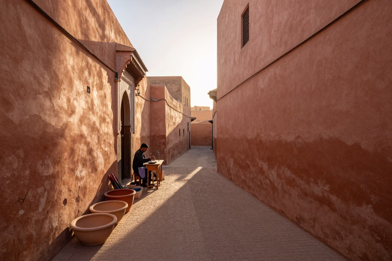 Sunrise Street Scene in Marrakech Morocco with Ceramic Basins and Tool Hooks in in Marrakech, Morocco