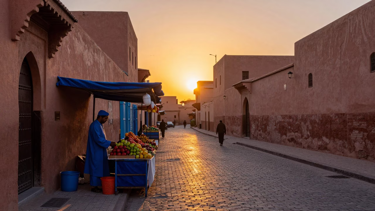 Sunrise street scene in Marrakech Morocco with local vendor and traditional basket in in Marrakech, Morocco