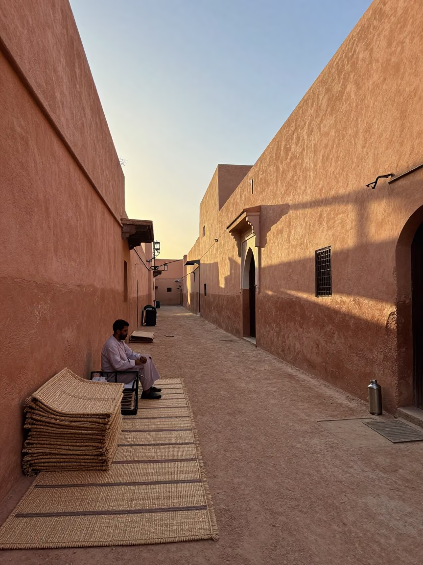 Sunrise Street Scene in Marrakech Morocco with Woven Mats and Thermos in in Marrakech, Morocco
