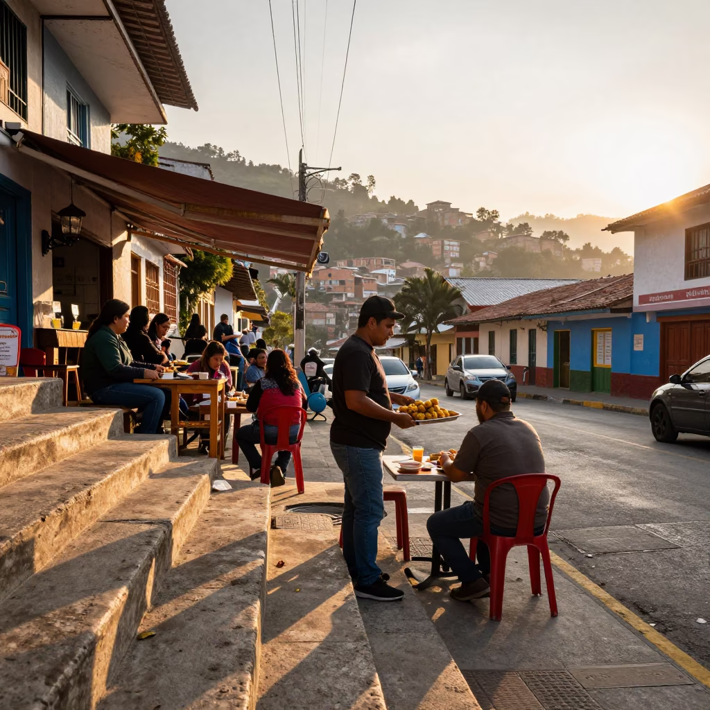 Sunrise Street Scene in Medellin Colombia with Local Breakfast and Daily Life in in Medellin, Colombia