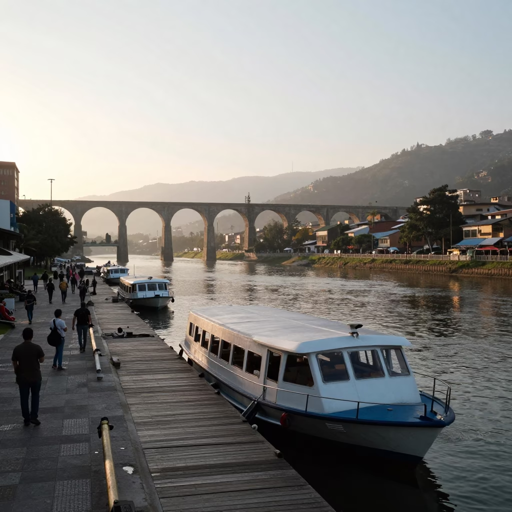 Sunrise street scene in Medellin Colombia with water taxi and aqueduct in in Medellin, Colombia