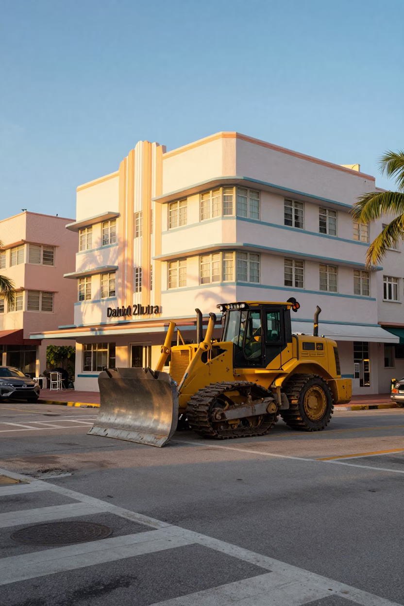 Sunrise Street Scene in Miami Florida with Construction Bulldozer and Local Traffic in in Miami, Florida, United States