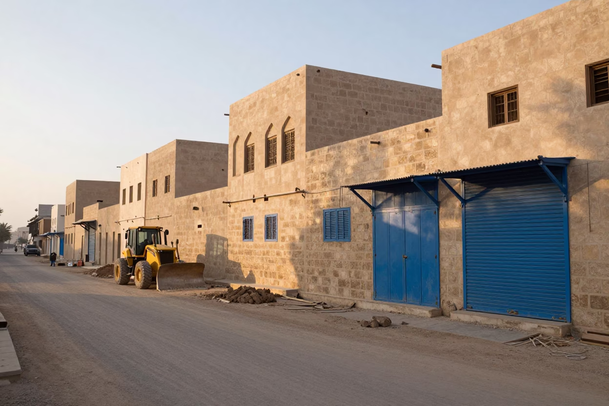 Sunrise Street Scene in Muscat Oman with Construction and Traditional Architecture in in Muscat, Oman