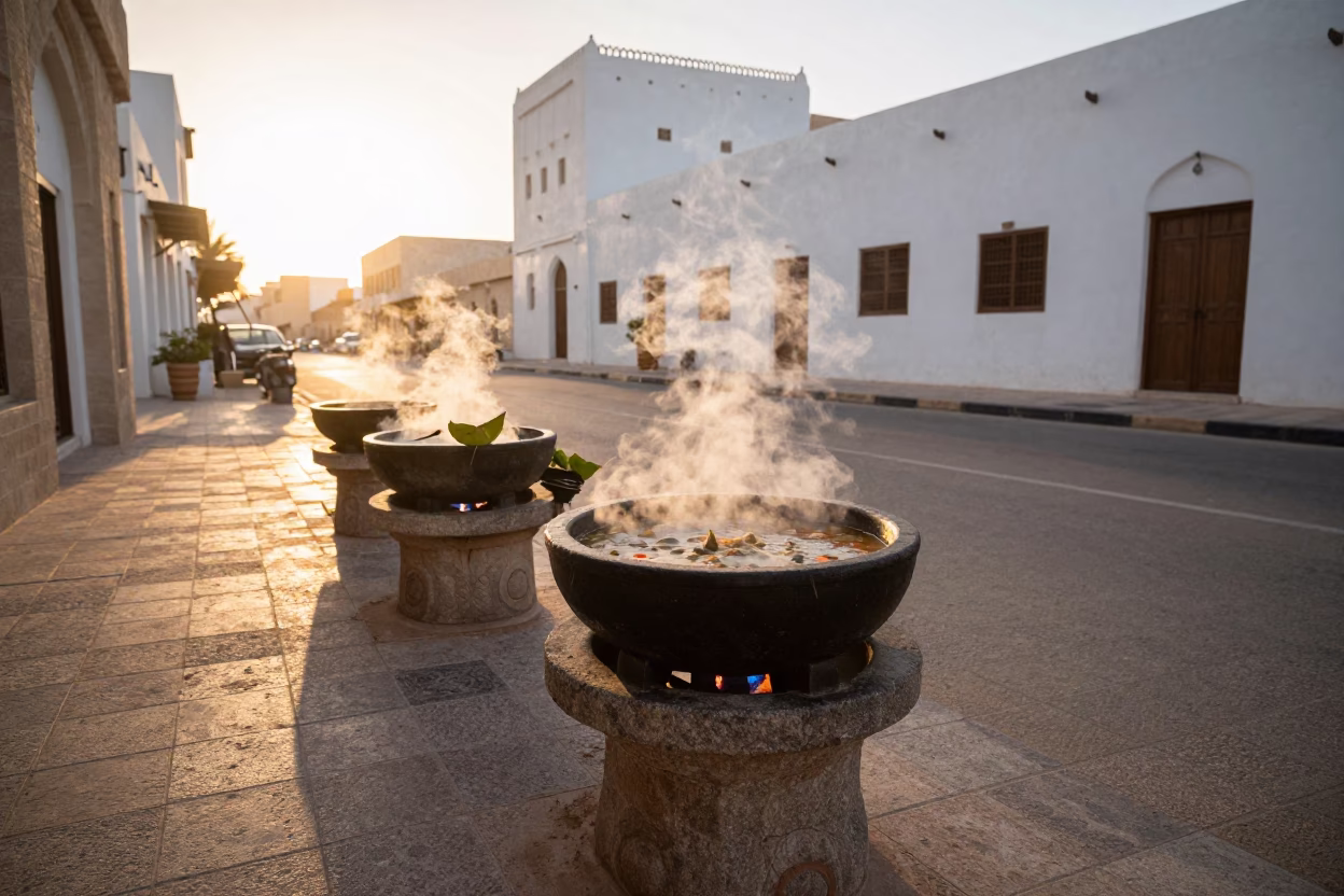 Sunrise street scene in Muscat Oman with stone bowl and leaf shadows in in Muscat, Oman