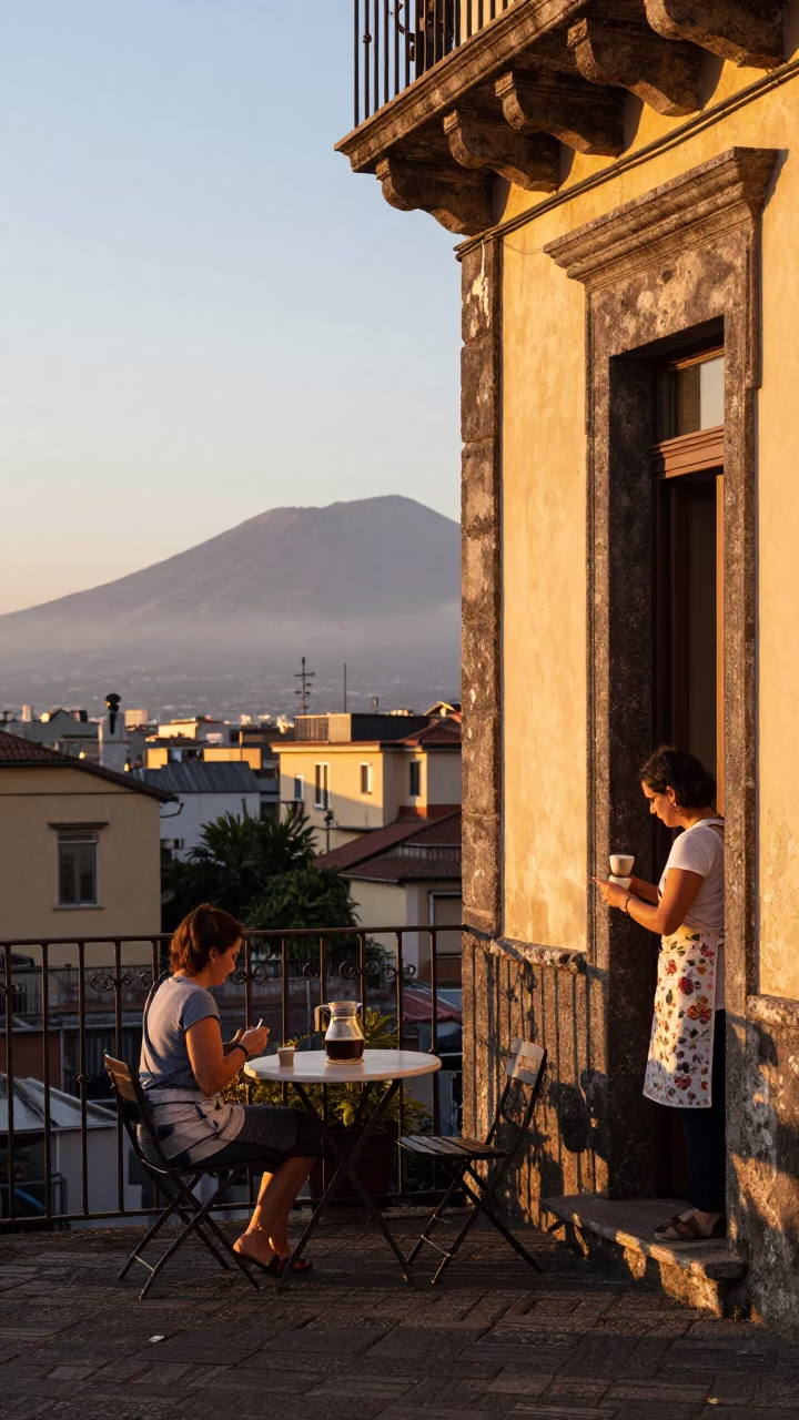 Sunrise street scene in Naples Italy with coffee carafe and casual morning interaction in in Naples, Italy