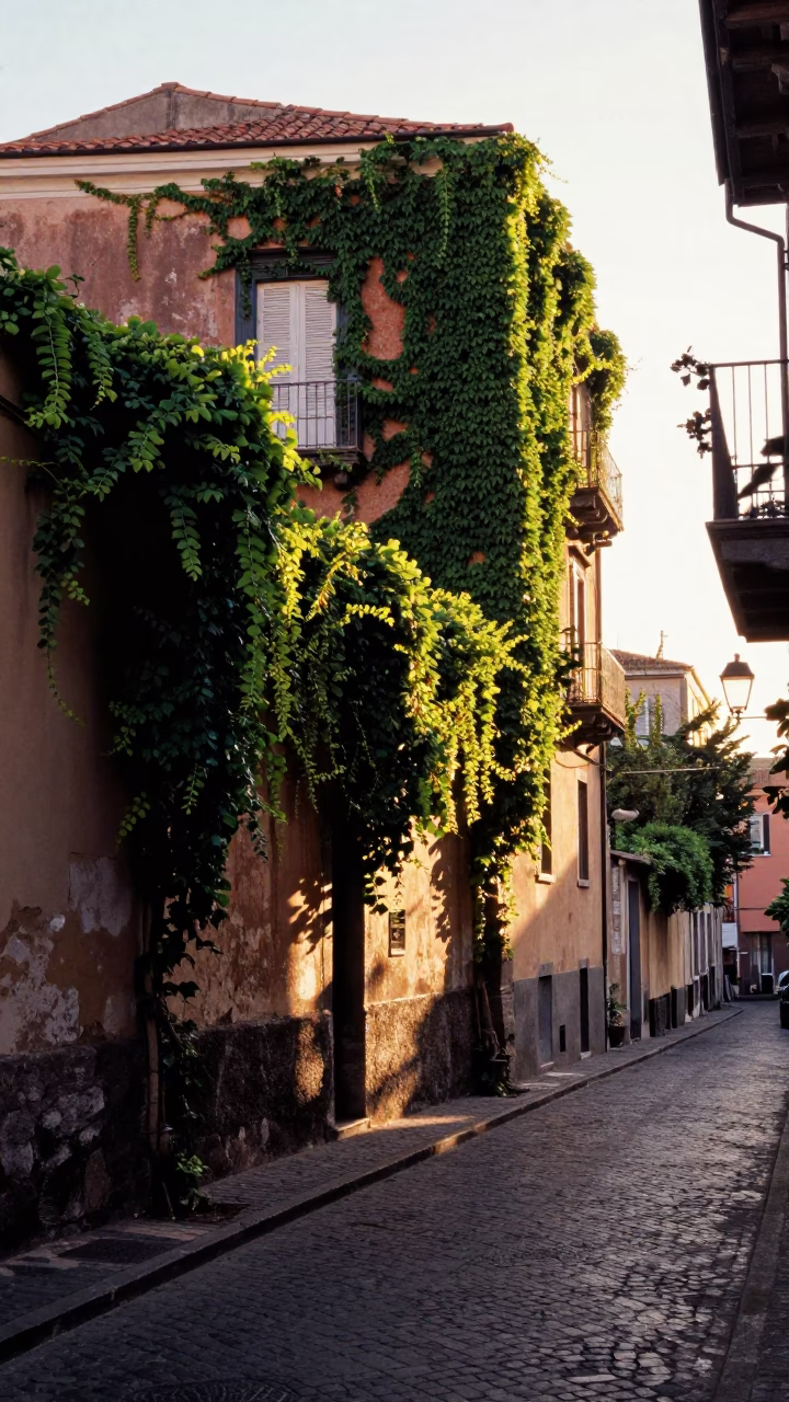 Sunrise Street Scene in Naples Italy with Ivy Vines and Vintage Details in in Naples, Italy