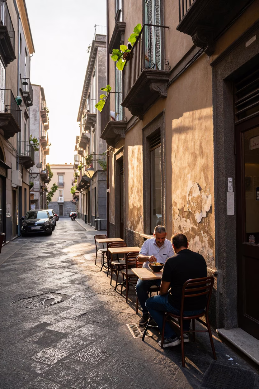 Sunrise Street Scene in Naples Italy with Ramen Bowl and Leaf Shadows in in Naples, Italy
