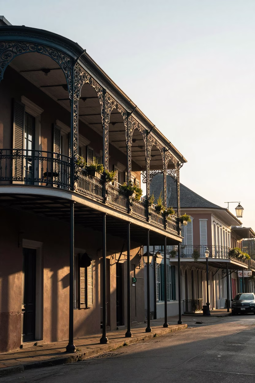 Sunrise street scene in New Orleans Louisiana with wrought iron balconies and local architecture in in New Orleans, Louisiana, United States