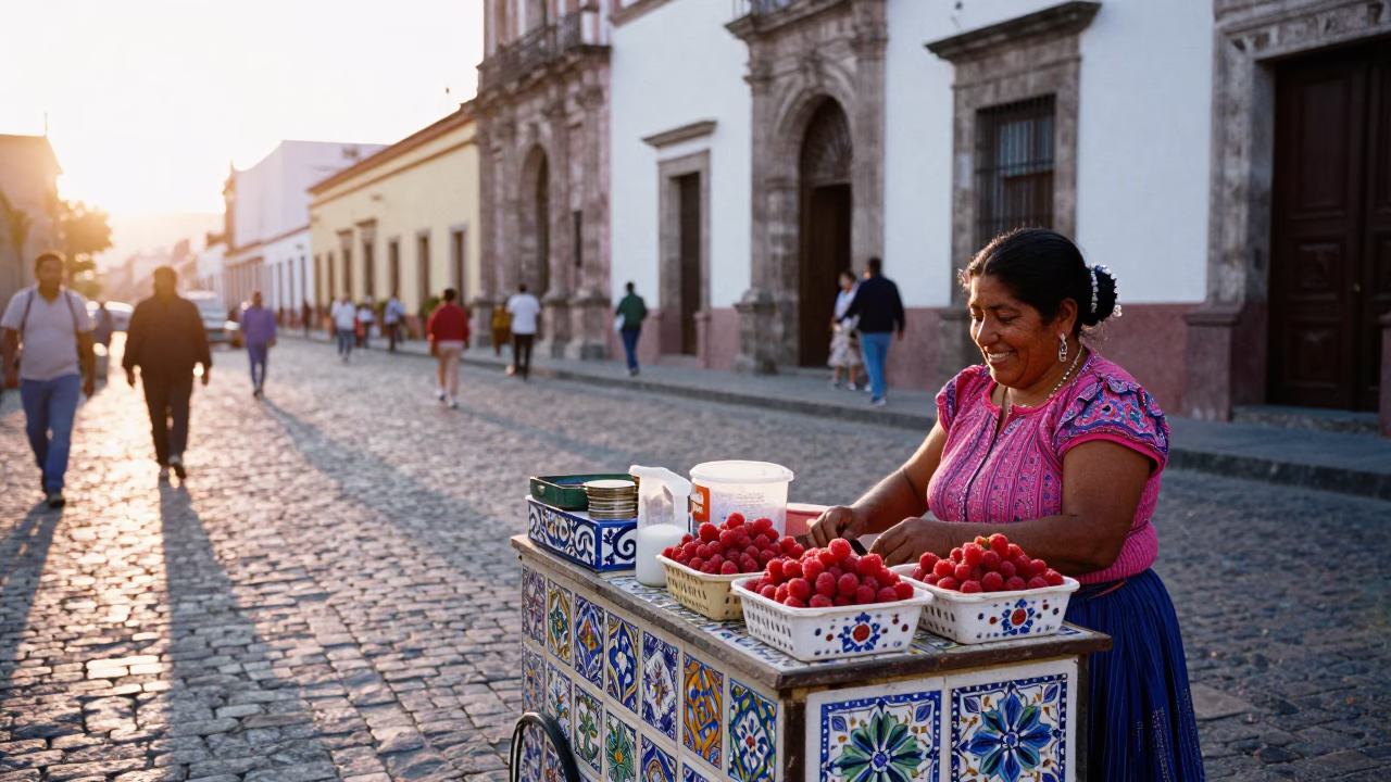 Sunrise Street Scene in Oaxaca Mexico with Local Vendor and Raspberries in in Oaxaca, Mexico