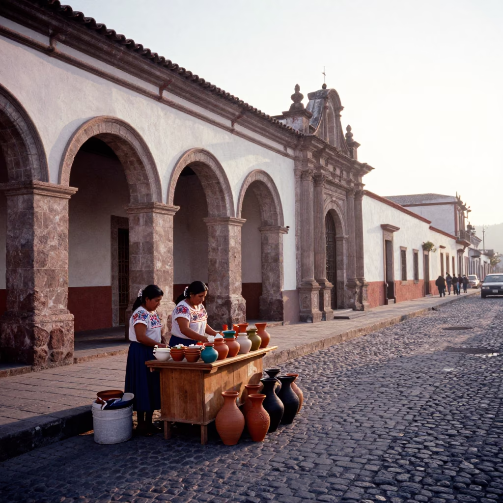 Sunrise Street Scene in Oaxaca Mexico with Market Vendor and Traditional Pottery in in Oaxaca, Mexico