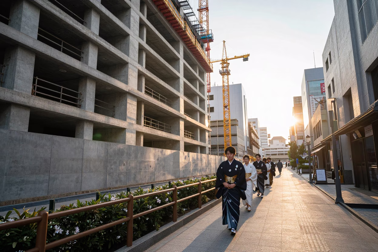 Sunrise Street Scene in Osaka Japan with Construction and Traditional Elements in in Osaka, Japan