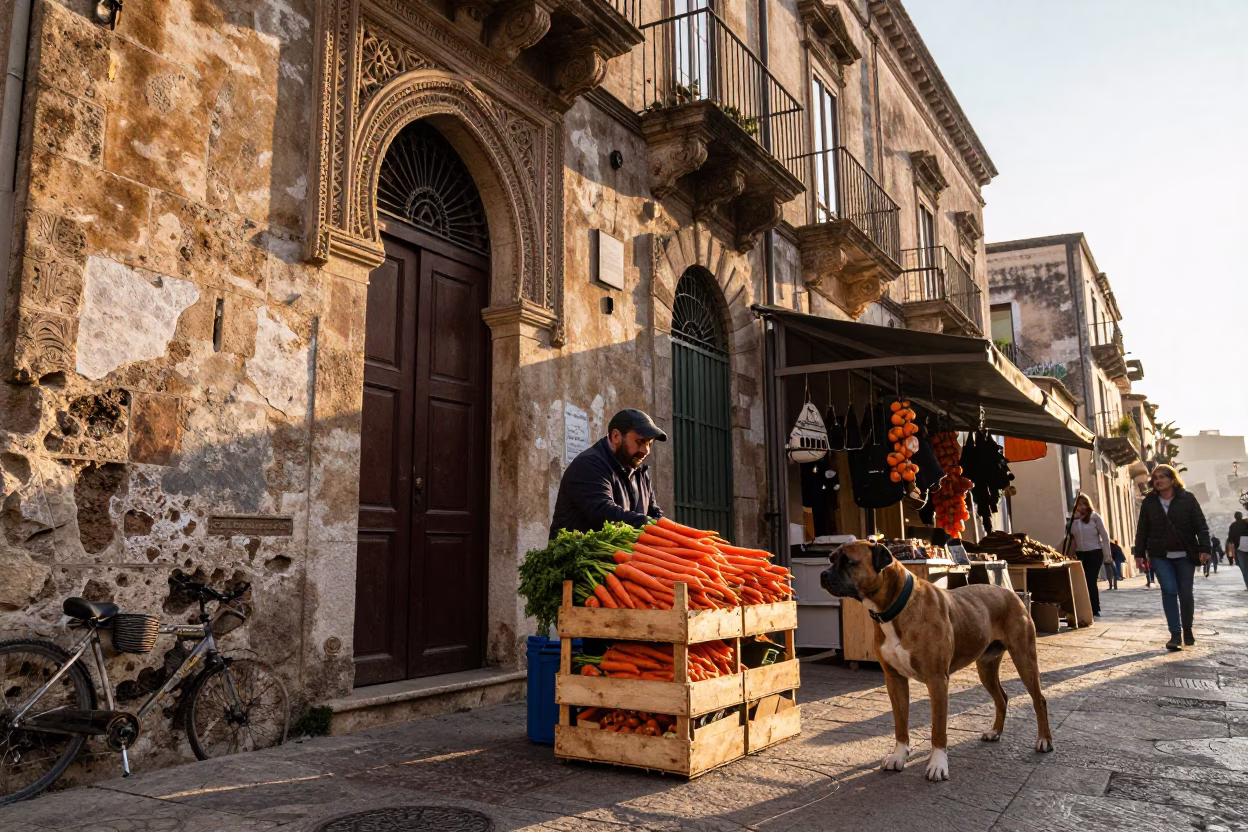 Sunrise Street Scene in Palermo Italy with Carrots and Dogo Argentino in in Palermo, Italy