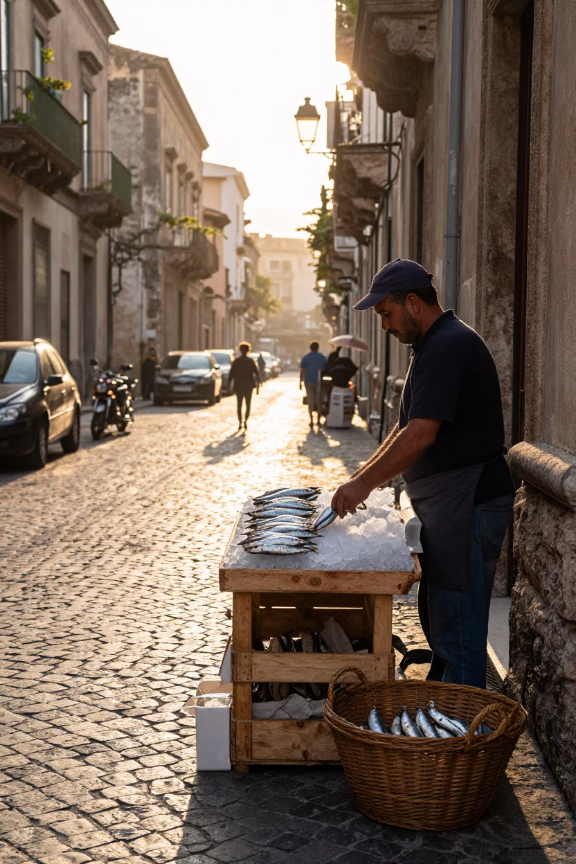 Sunrise Street Scene in Palermo Italy with Sardines and Woven Basket at Morning Market in in Palermo, Italy