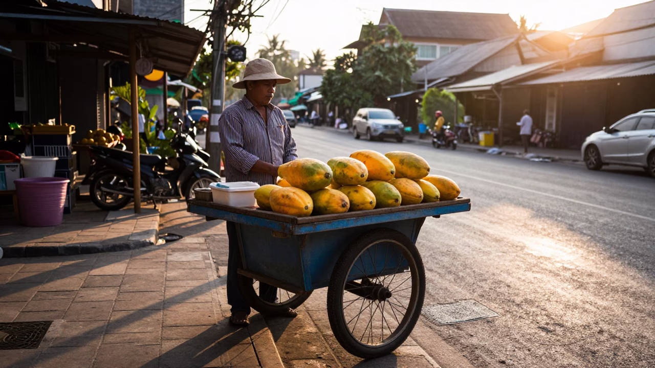 Sunrise Street Scene in Phuket Thailand with Fresh Papayas and Local Vendor in in Phuket, Thailand
