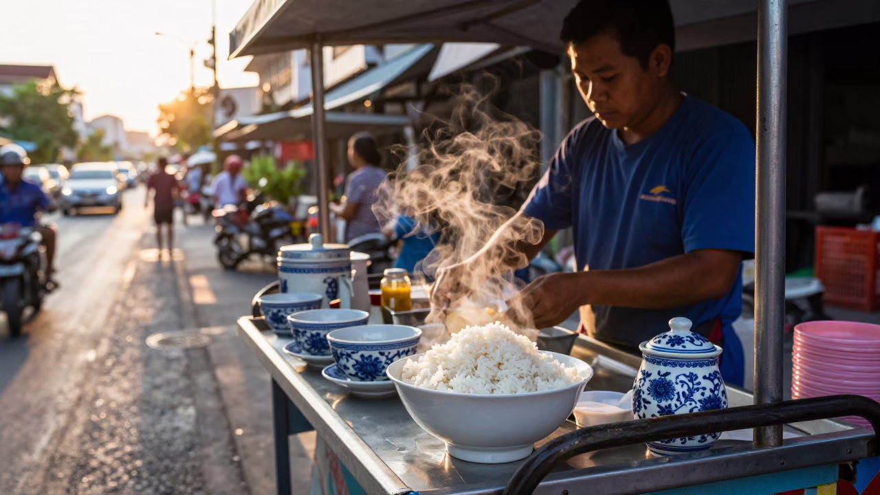 Sunrise Street Scene in Phuket Thailand with Local Vendor and Porcelain Bowl in in Phuket, Thailand