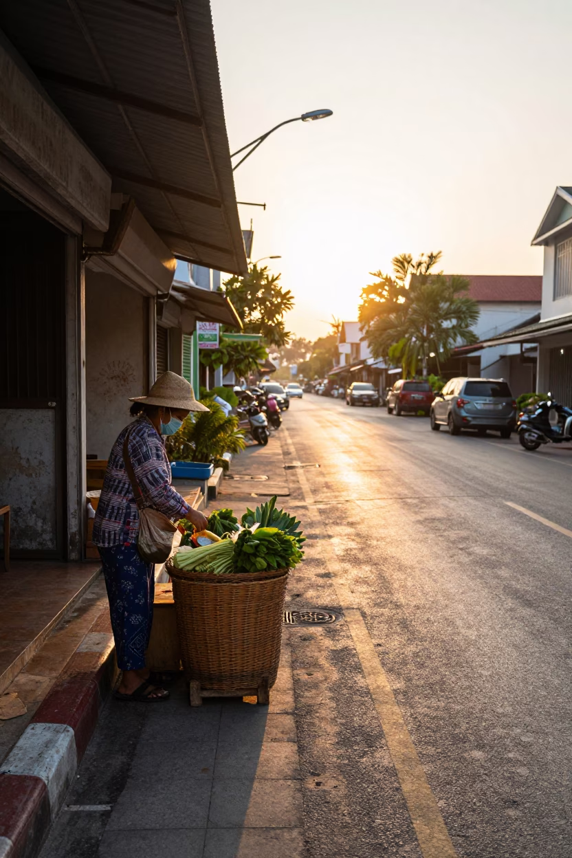 Sunrise Street Scene in Phuket Thailand with Wicker Basket and Morning Activity in in Phuket, Thailand