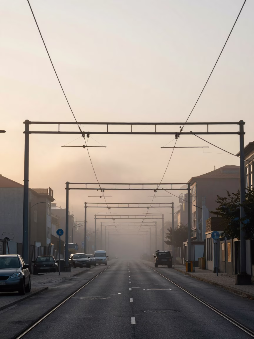 Sunrise Street Scene in Porto Portugal with Catenary Lines and Industrial Fog in in Porto, Portugal