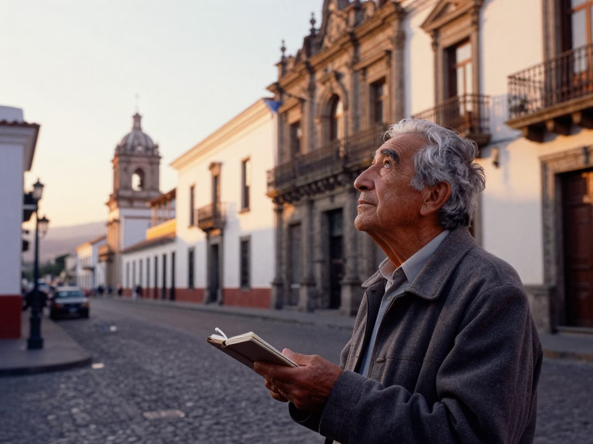 Sunrise Street Scene in Quito Ecuador with Retired Astronomer and Local Market Details in in Quito, Ecuador