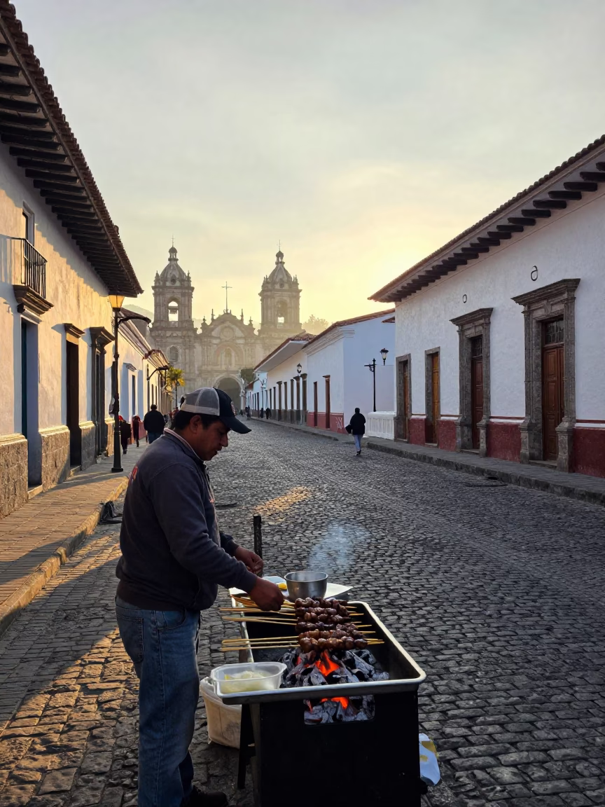 Sunrise Street Scene in Quito Ecuador with Traditional Food and Local Life in in Quito, Ecuador