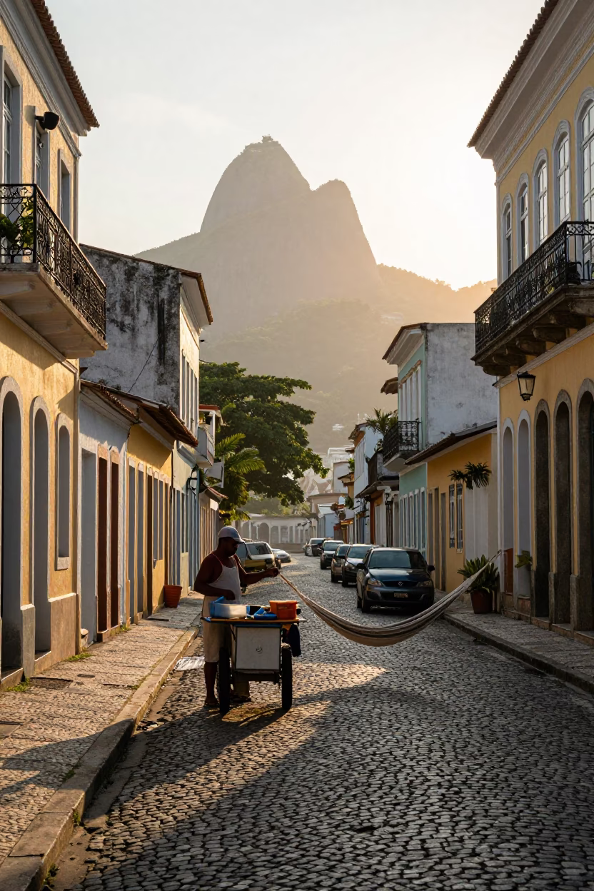 Sunrise Street Scene in Rio de Janeiro with Local Vendor and Hammock in in Rio de Janeiro, Brazil