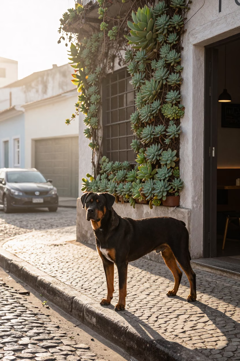 Sunrise Street Scene in Salvador Brazil with Cane Corso Dog and Succulent Cafe Wall in in Salvador, Brazil