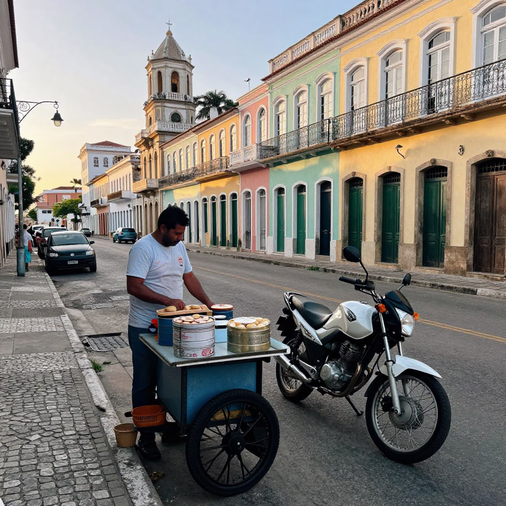 Sunrise Street Scene in Salvador Brazil with Local Vendor and Vintage Motorcycle in in Salvador, Brazil