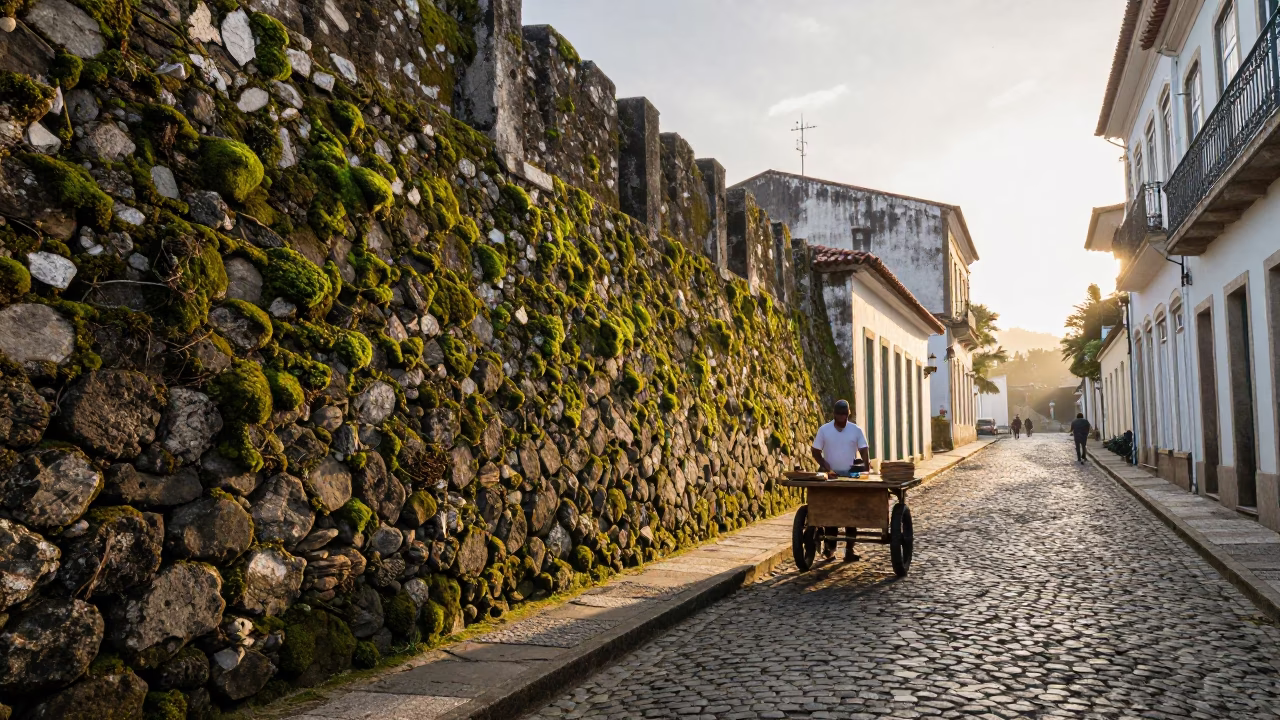 Sunrise Street Scene in Salvador Brazil with Mossy Stone Wall and Local Market Activity in in Salvador, Brazil