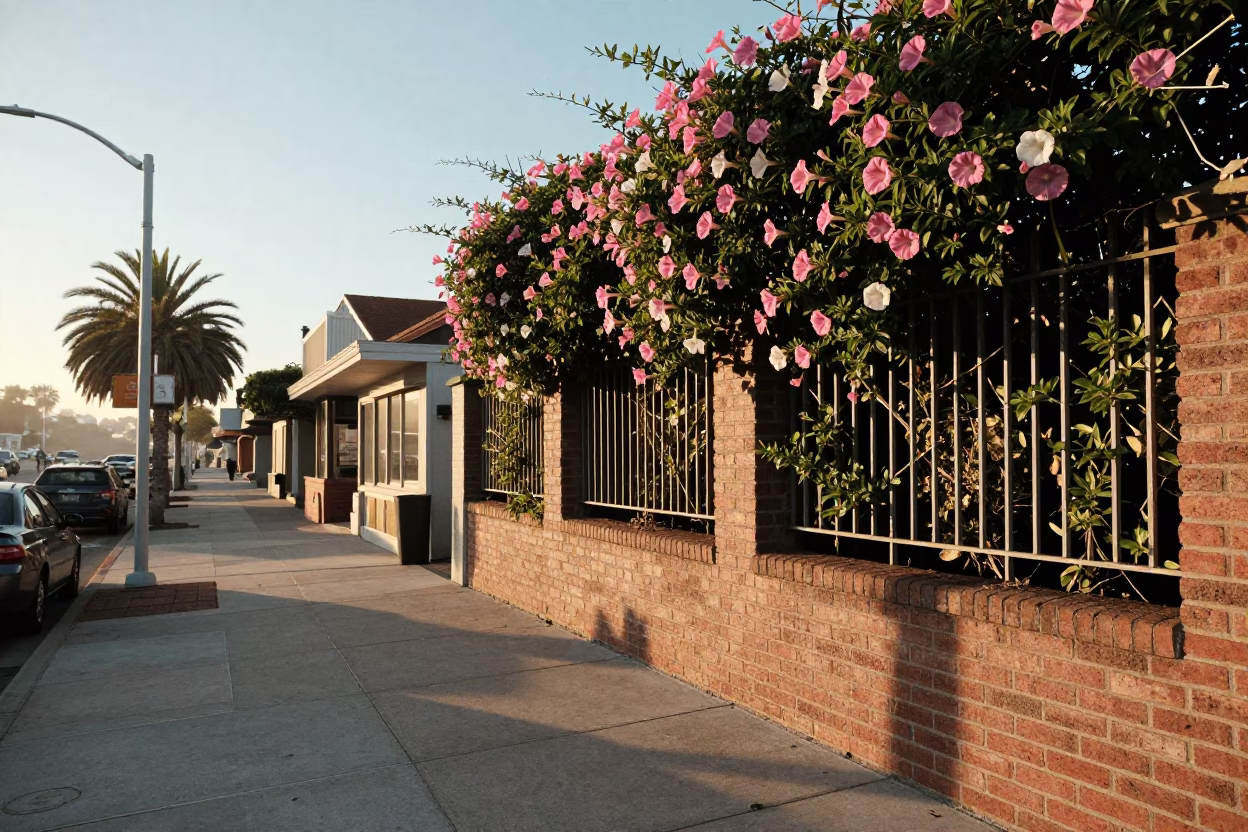 Sunrise Street Scene in San Diego California with Morning Glory and Bakery Display in in San Diego, California, United States