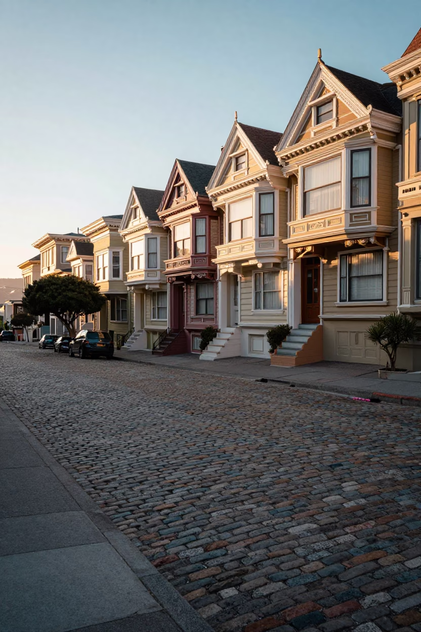 Sunrise Street Scene in San Francisco California with Cobblestone and Vintage Architecture in in San Francisco, California, United States