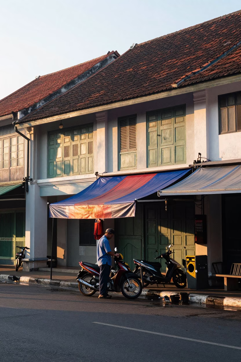 Sunrise Street Scene in Surabaya Indonesia with Vintage Bakelite Telephone and Local Market Activity in in Surabaya, Indonesia