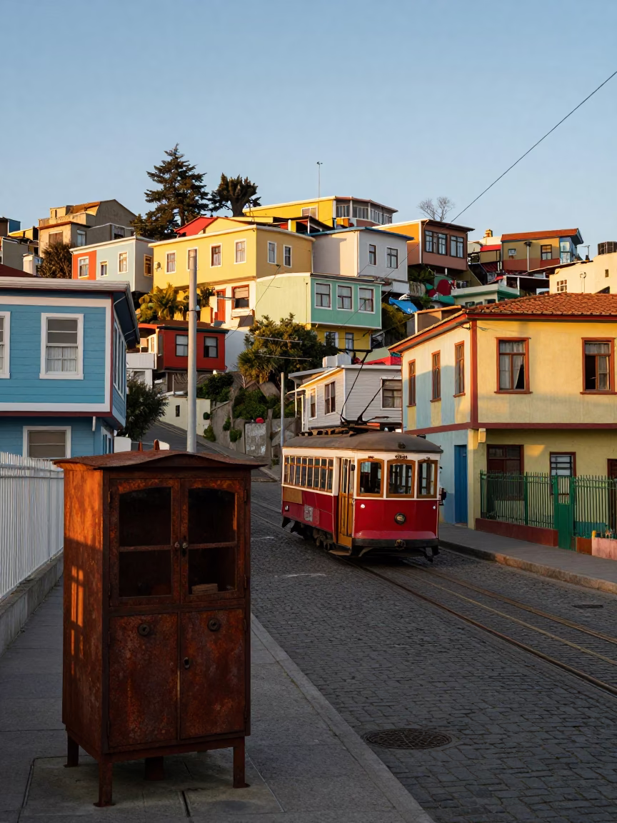 Sunrise Street Scene in Valparaiso Chile with Rusty Cabinet and Tramcar in in Valparaiso, Chile