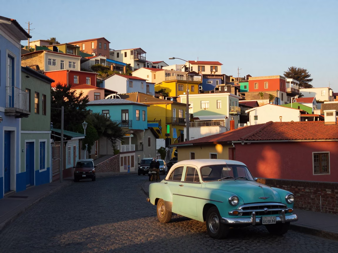 Sunrise Street Scene in Valparaiso Chile with Vintage Car and Colorful Architecture in in Valparaiso, Chile